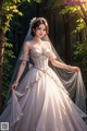 A woman in a wedding dress standing in the woods.