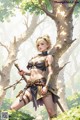 A woman in a bikini holding a sword in a forest.